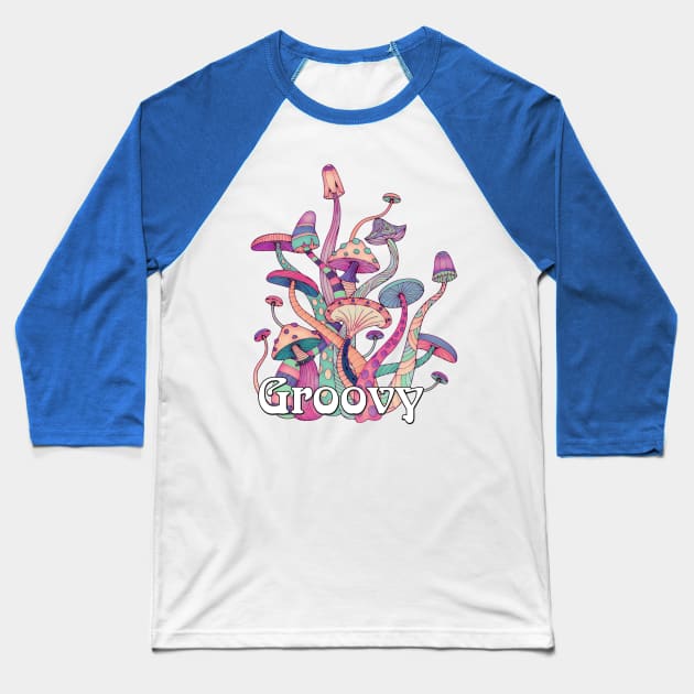 Groovy Retro Mushroom Art Baseball T-Shirt by AlondraHanley